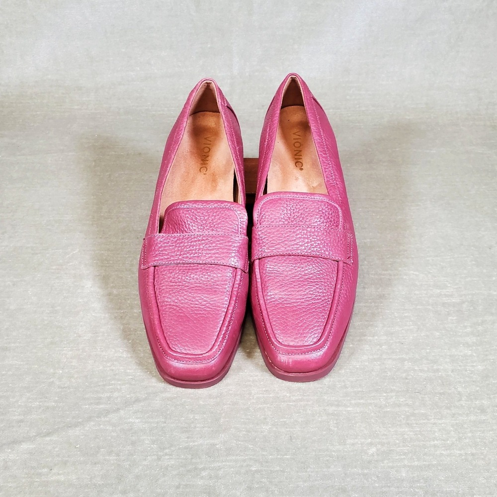 Vionic Sellah Square Toe Penny Loafer Berry Pink Pebbled Leather Womens 10